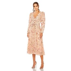 NWT $598 MAC DUGGAL FLORAL EMBELLISHED WRAP OVER PUFF SLEEVE A LINE GOWN 5580